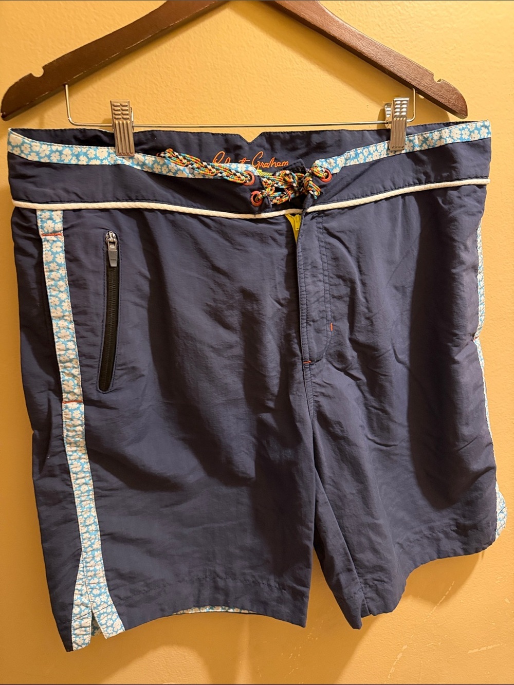 Robert Graham Navy Swim Shorts with Light Blue Floral Trim
